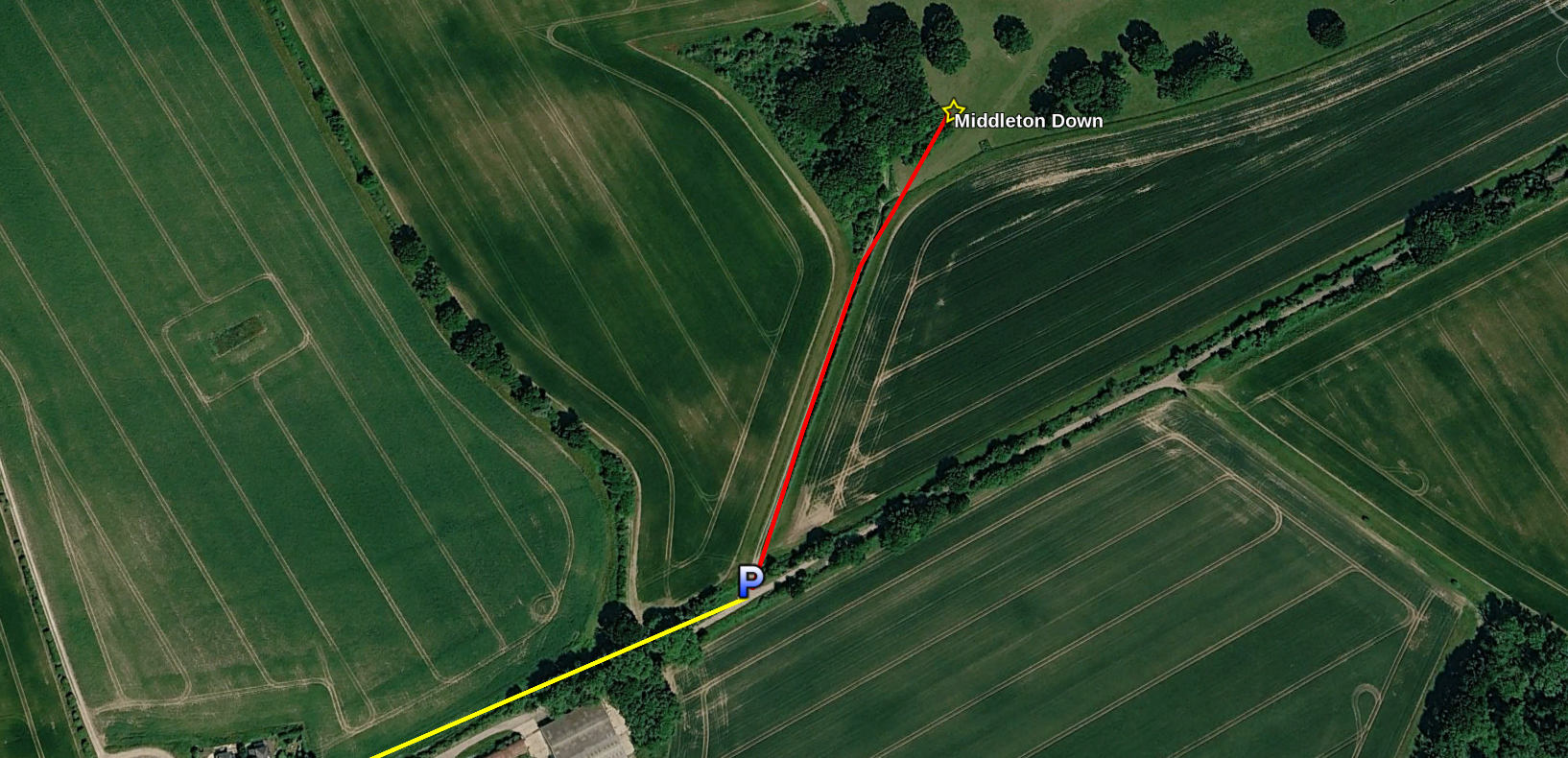 Google Earth map showing route into Middleton Down