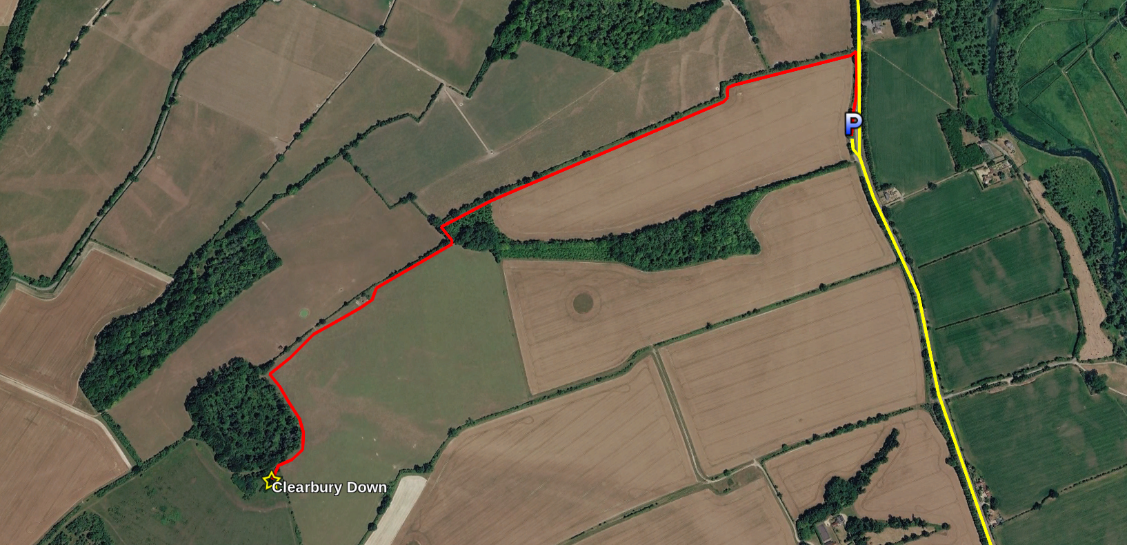 Google Earth map showing route into Clearbury Down