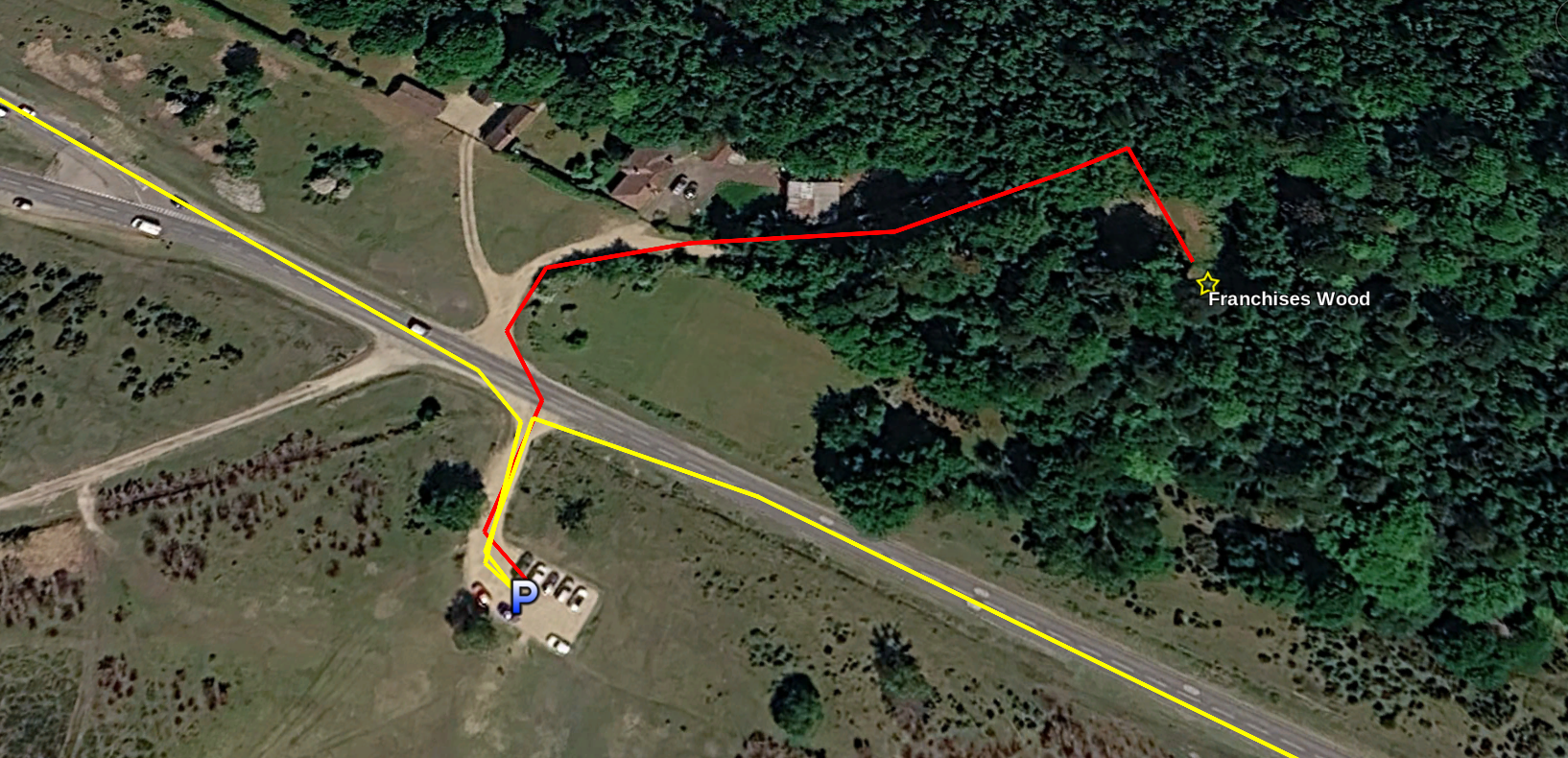 Google Earth map showing route into Franchises Wood