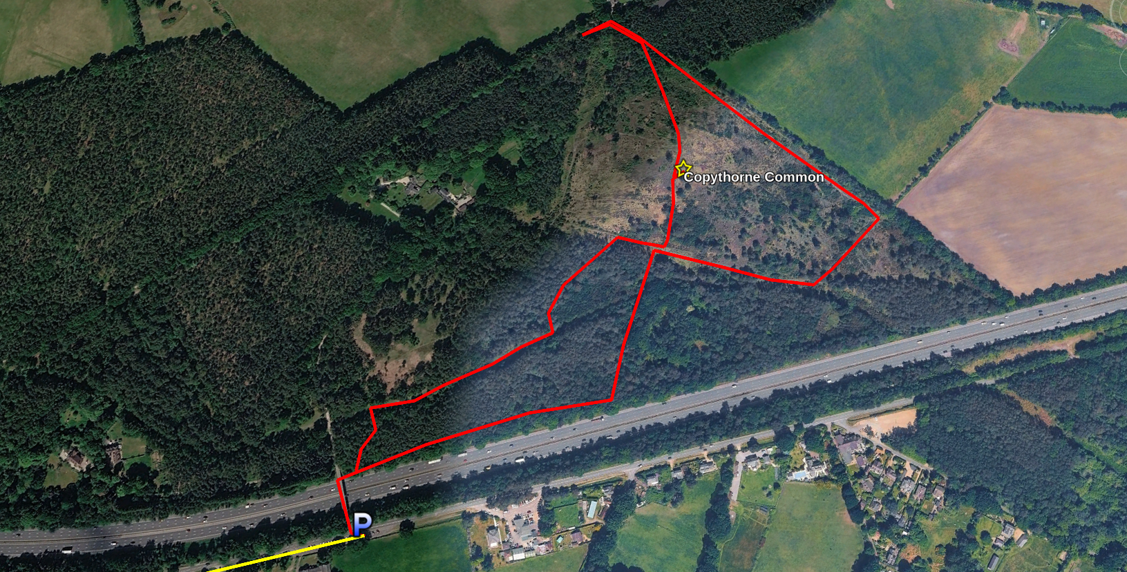Google Earth map showing route into Copythorne Common
