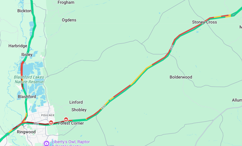 Traffic map, showing a huge tailback heading away from Dorset