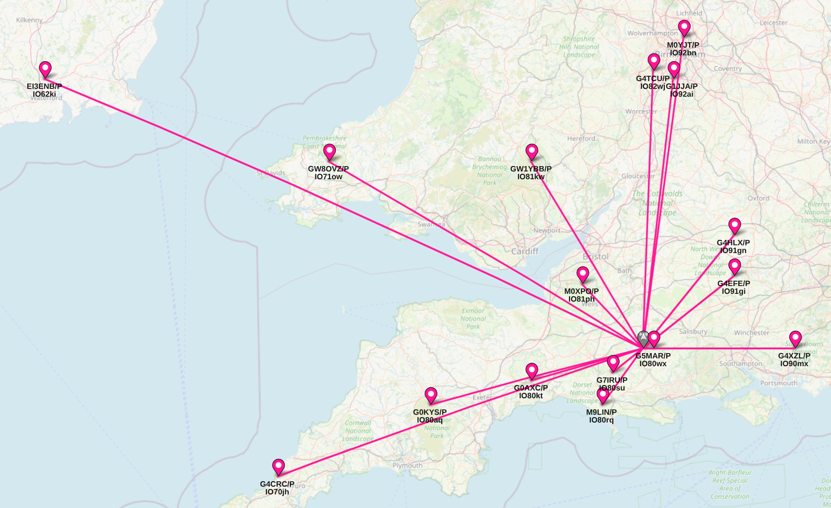 QSO Map with callsigns and grid references shown