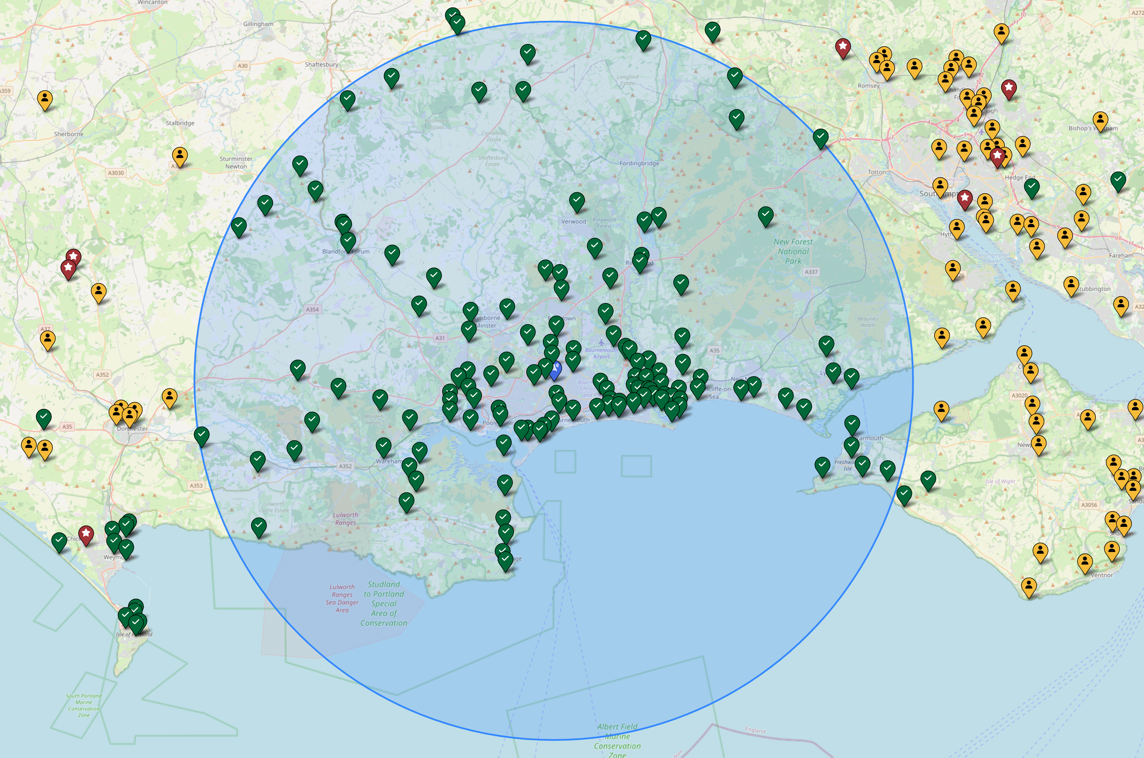 POTA New Parks map showing all green markers within a blue circle