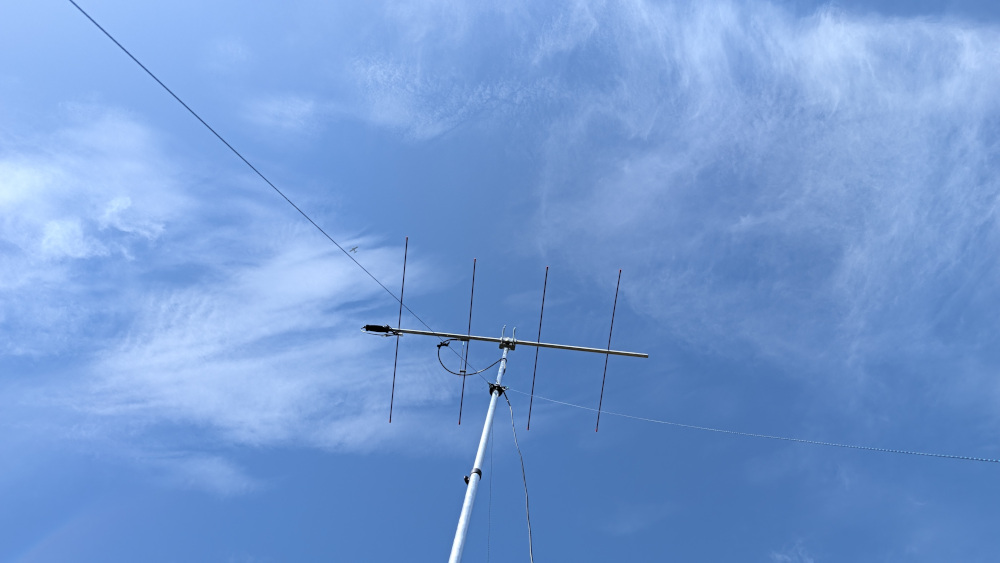 Yagi antenna on a pole, viewed from below