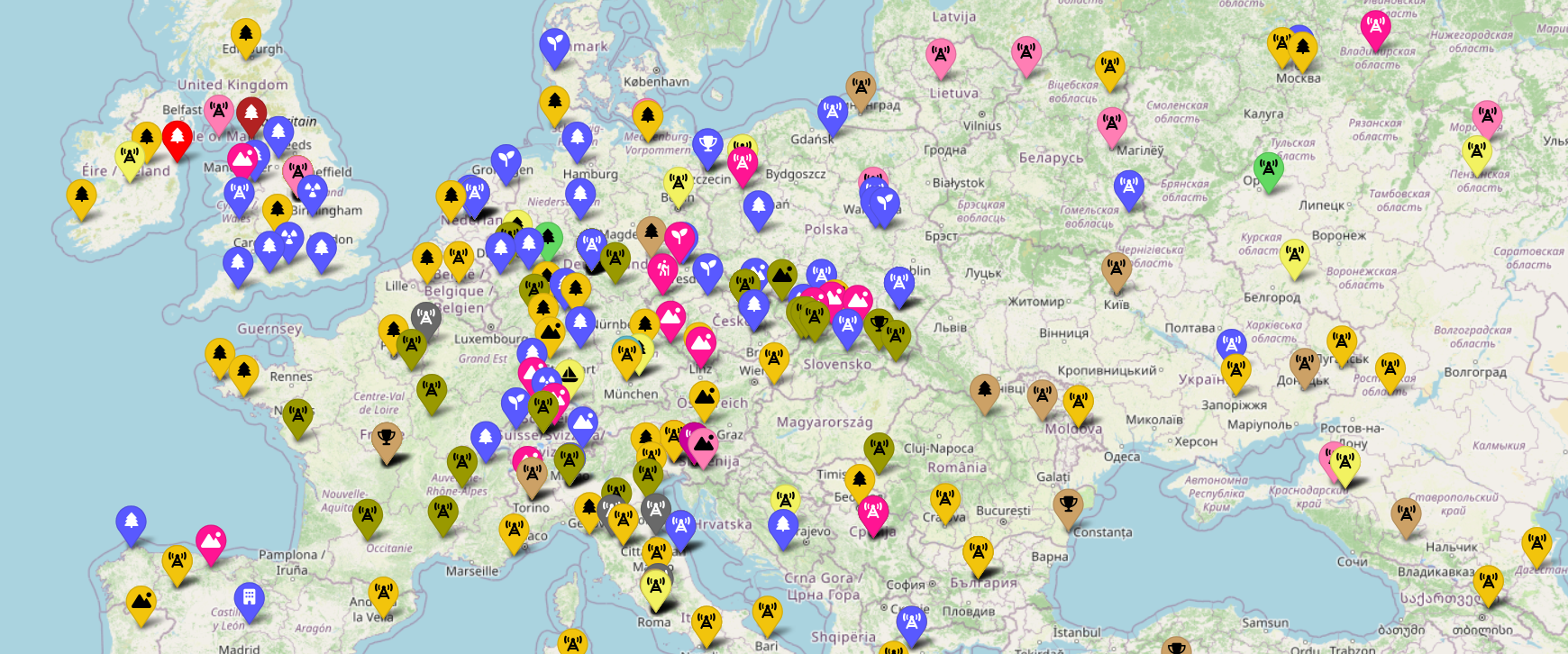 Map of spots across Europe