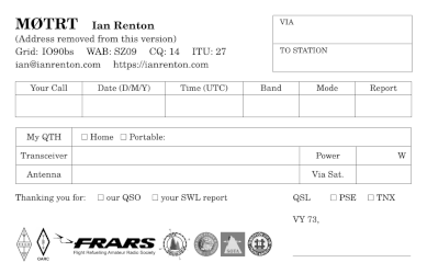 An amateur radio QSL card, monochrome with fields to fill in details