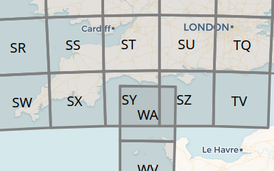 A map of the UK south coast with Ordnance Survey squares overlaid