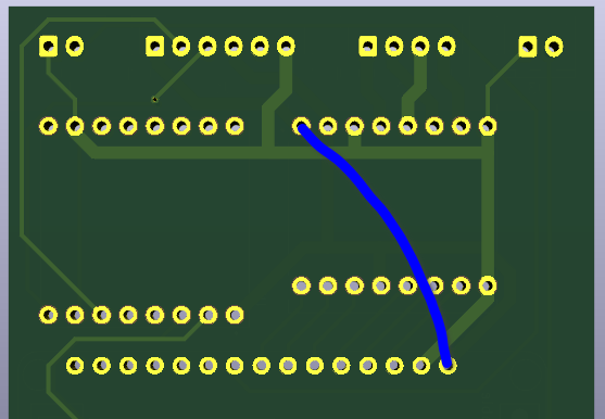 3D render of PCB showing where to add a wire