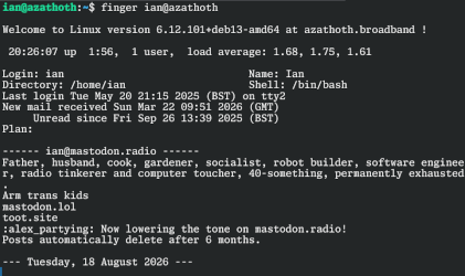 The output of a finger command, showing a Mastodon bio