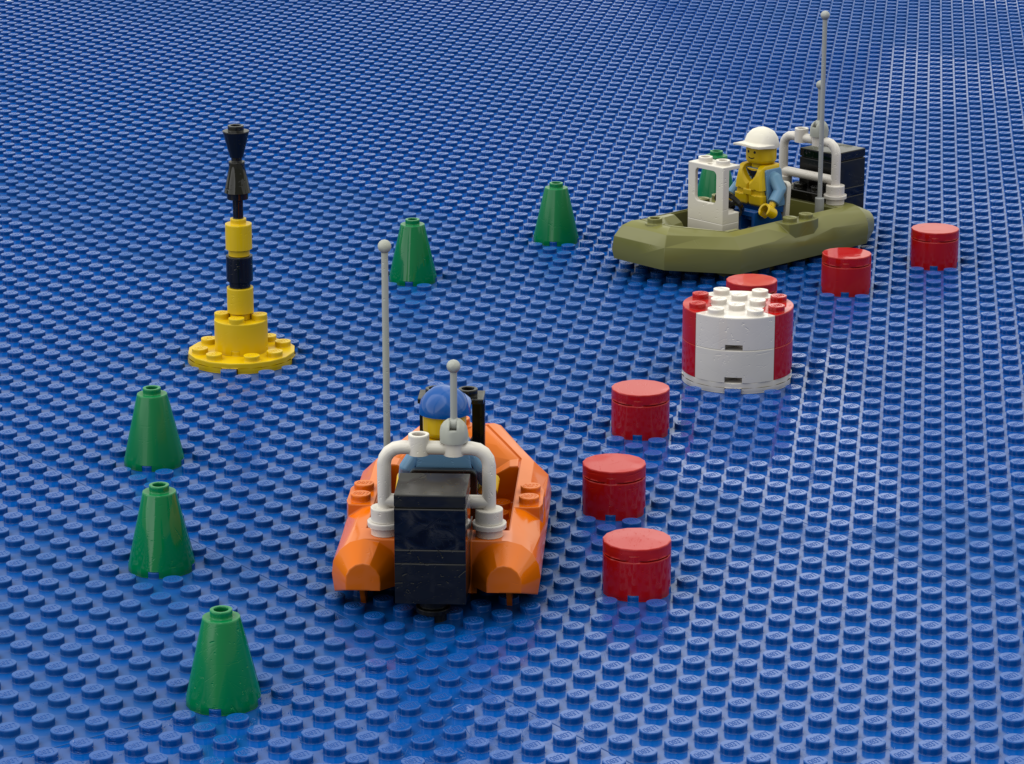 Two small lego boats meet in a narrow buoyed channel