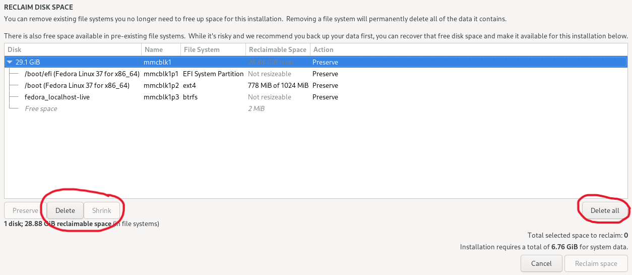 Fedora installer reclaim space menu