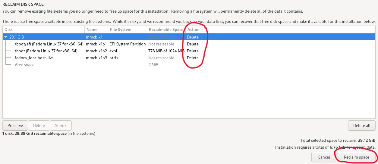 Fedora installer reclaim space menu