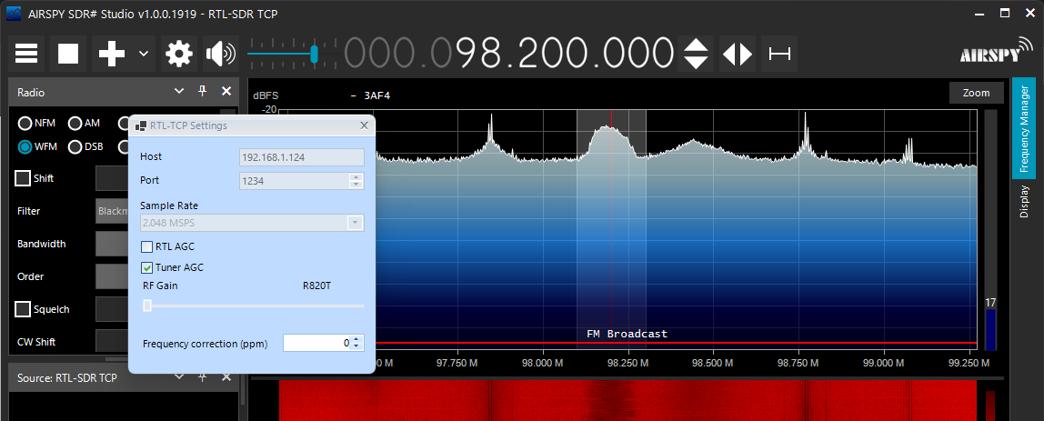 SDRSharp screenshot showing RTL-TCP settings