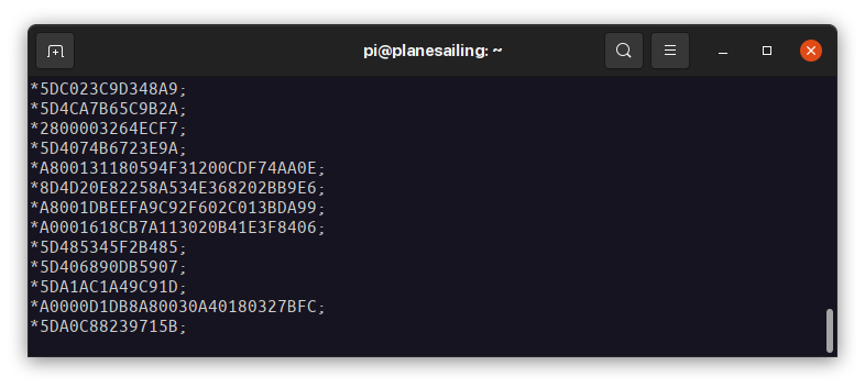 Terminal showing ADS-B Mode S data encoded as hexadecimal