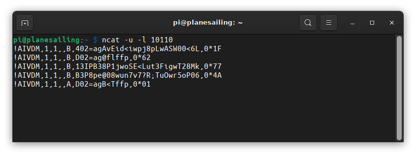 Terminal showing AIS NMEA-0183 data