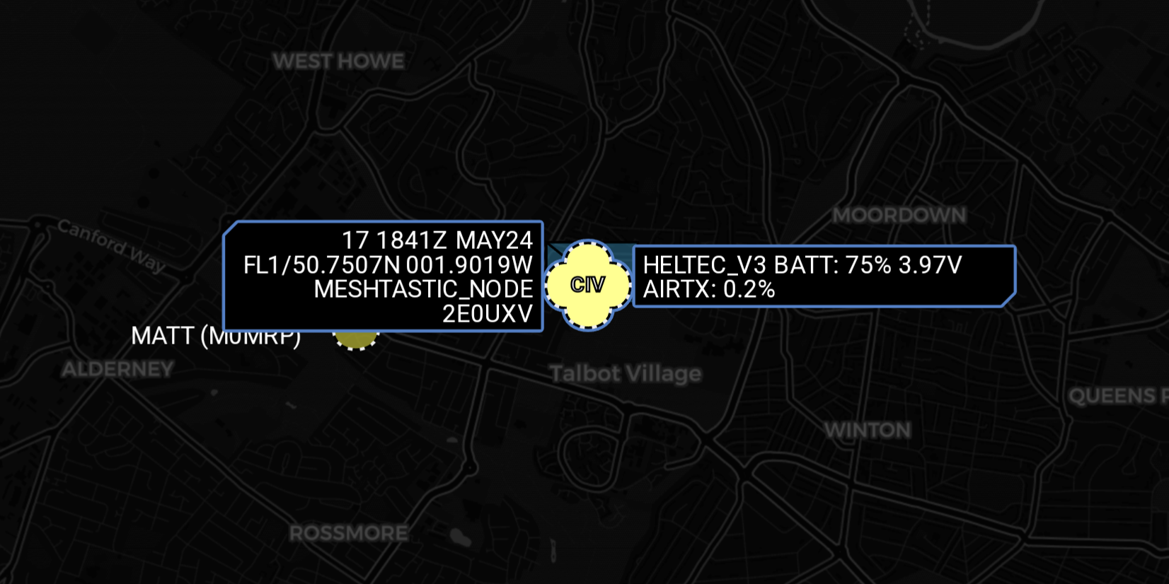 A Meshtastic node shown in Plane/Sailing