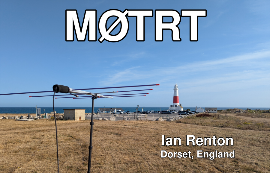 Front side of the QSL card, with my callsign, name and location superimposed on a photo of a 2m Yagi antenna in front of Portland Bill