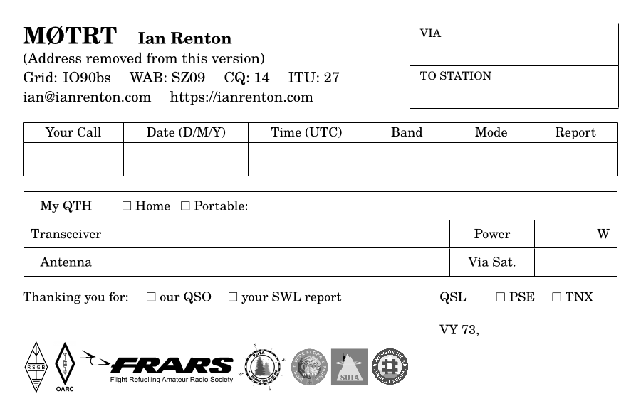 Reverse side with my information and various boxes for QSO details