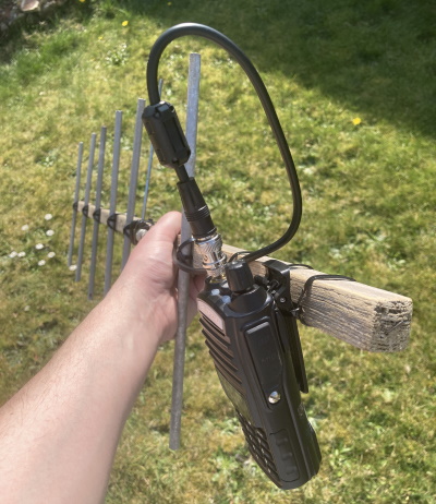 A UHF Yagi antenna with radio attached