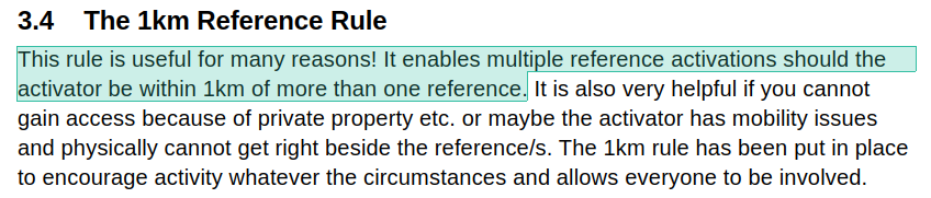 Highlighted excerpt from the ECA rules, stating "This rule is useful for many reasons! It enables multiple reference activations should the activator be within 1km of more than one reference."