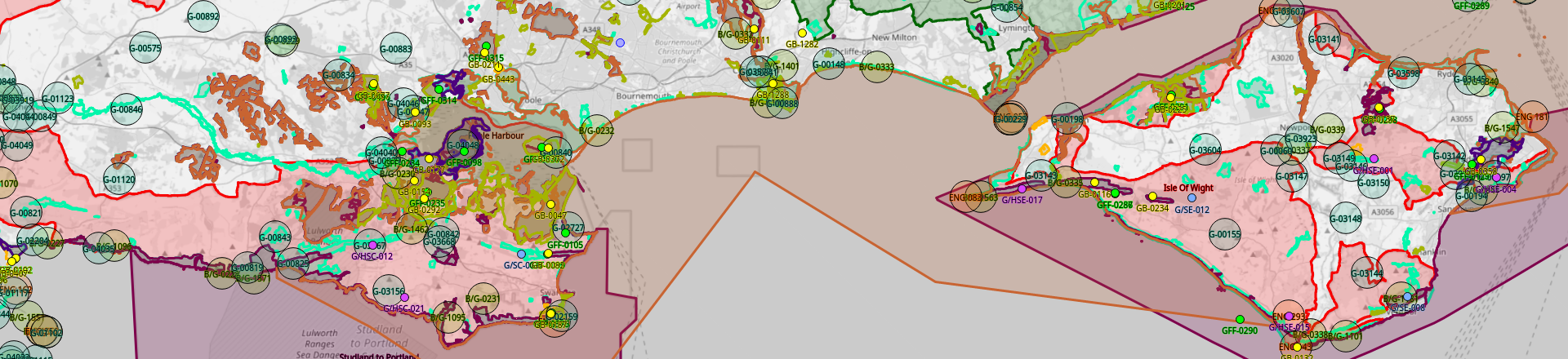 Map of outdoor ham radio award locations on the south coast of England