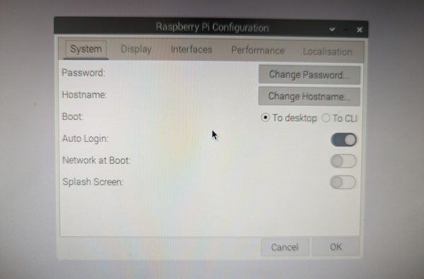 The Raspberry Pi configuration utility, with automatic login enabled