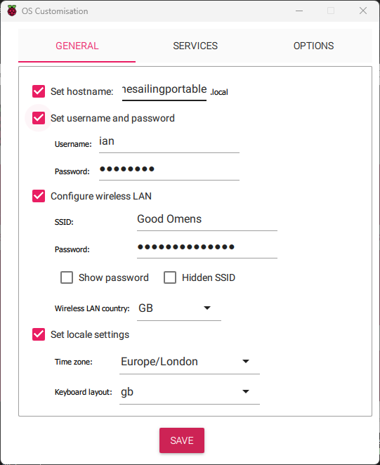 Screenshot of the Raspberry Pi OS Imager showing customisation settings