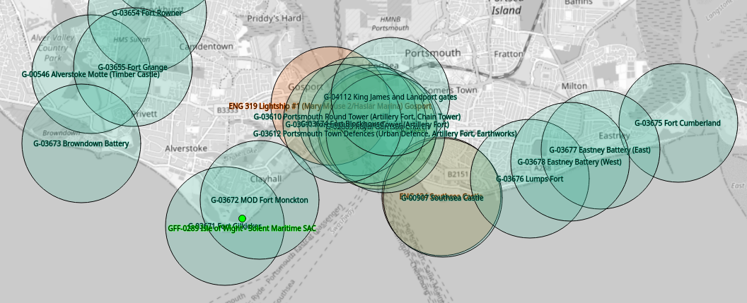 Map of "on the air" entities around Portsmouth Harbour